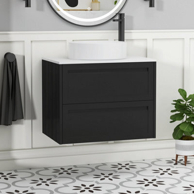 Royal Bathrooms Royal Bathroom Elmore 700mm Matt Nocturne Black Wall Mounted Bathroom Vanity Unit 2 Drawer Plain White Worktop With Art Basin - image 1
