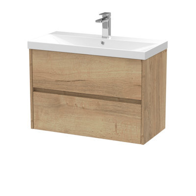 Nuie Havana Wall Hung 2 Drawer Vanity Basin Unit & Thin-Edge Ceramic Basin, Modern Sink Vanity Unit In Autumn Oak With White - image 1