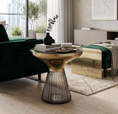 Aspect Furniture Ophelia Modern Glam Pleated Black Glass Side Table With Gold Iron Rim, 50 Dia Cm - image 1