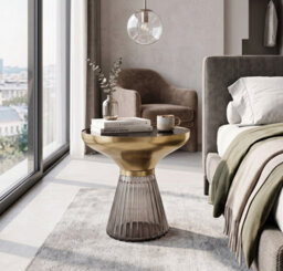 Aspect Furniture Ophelia Modern Glam Pleated Black Glass Side Table With Gold Iron Rim, 50 Dia Cm - thumbnail 5