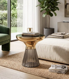 Aspect Furniture Ophelia Modern Glam Pleated Black Glass Side Table With Gold Iron Rim, 50 Dia Cm - thumbnail 4