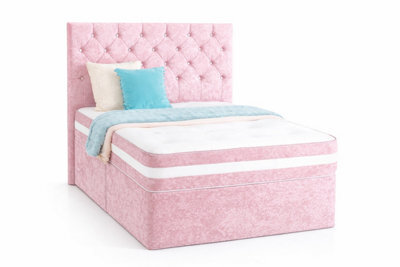 Comfy Deluxe Pink Crush Velvet Chesterfield Divan Bed Floorstanding Headboard 6Ft Super King Size Bed Set With 2 Drawers One On Each Side