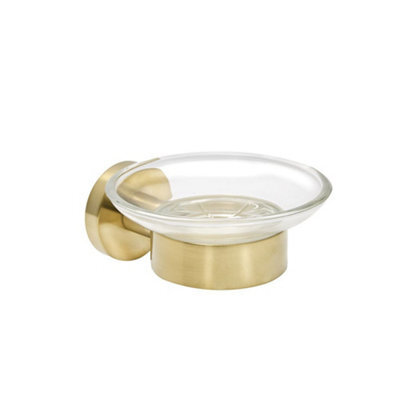 Homestylestore Round Wall Mounted Bathroom Glass Soap Dish With Brushed Brass Holder - image 1