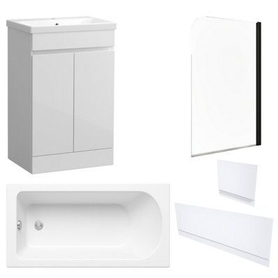 FNX Bathrooms Waterproof 600mm Vanity Unit With Single Ended Bath, Gloss White Panels & Matt Black Profile Bath Screen - image 1