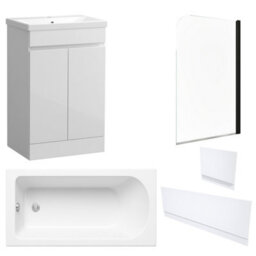 FNX Bathrooms Waterproof 600mm Vanity Unit With Single Ended Bath, Gloss White Panels & Matt Black Profile Bath Screen - thumbnail 1