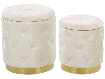 Beliani Velvet Storage Pouffe - White Velvet With Gold Base, Button-Tufted, Lift-Top Storage - image 1