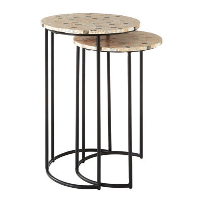 Orsina Set Of 2 Pearl Side Nesting Tables, Round Top Tables With Black Iron Legs, Couch Side Tables For Living Room - image 1