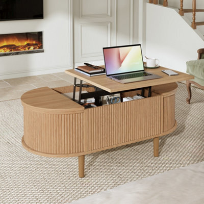 Matteo Vintage Oval Adjustable Coffee Table With Storage - Natural Wood Finish - image 1