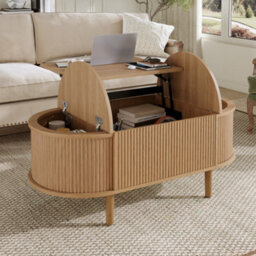 Matteo Vintage Oval Adjustable Coffee Table With Storage - Natural Wood Finish - thumbnail 3