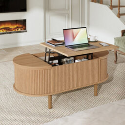 Matteo Vintage Oval Adjustable Coffee Table With Storage - Natural Wood Finish - thumbnail 1
