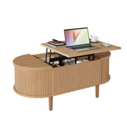 Matteo Vintage Oval Adjustable Coffee Table With Storage - Natural Wood Finish - thumbnail 2