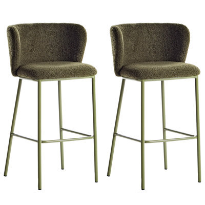 Wyld And Coco Set Of 2 Dark Green Boucle Bar Chairs With Black Metal Legs, Armless Curved Backrest Modern Dining Stools - image 1