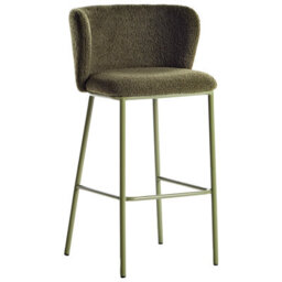Wyld And Coco Set Of 2 Dark Green Boucle Bar Chairs With Black Metal Legs, Armless Curved Backrest Modern Dining Stools - thumbnail 5