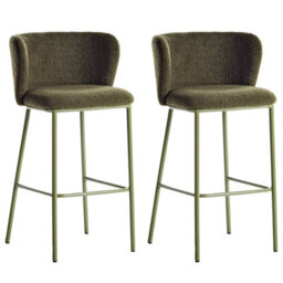 Wyld And Coco Set Of 2 Dark Green Boucle Bar Chairs With Black Metal Legs, Armless Curved Backrest Modern Dining Stools - thumbnail 1