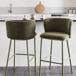 Wyld And Coco Set Of 2 Dark Green Boucle Bar Chairs With Black Metal Legs, Armless Curved Backrest Modern Dining Stools - thumbnail 2