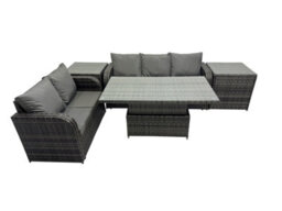 Fimous Rattan Garden Furniture Dining Set 5-Seater Patio Height Adjustable Rising Lifting Table Sofa Set With 2 Side Table - thumbnail 1