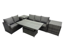 Fimous Rattan Garden Furniture Dining Set 5-Seater Patio Height Adjustable Rising Lifting Table Sofa Set With 2 Side Table - thumbnail 2