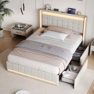 King Bed Frame 150 X 200 With Storage Drawers, Led Bed Frame With Usb Charging Station, Upholstered Bed Headboard, Beige Linen - image 1