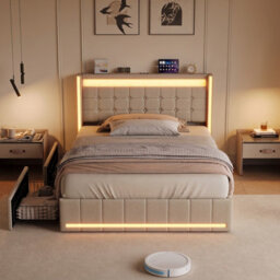 King Bed Frame 150 X 200 With Storage Drawers, Led Bed Frame With Usb Charging Station, Upholstered Bed Headboard, Beige Linen - thumbnail 4