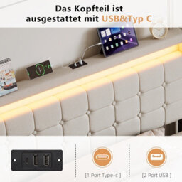 King Bed Frame 150 X 200 With Storage Drawers, Led Bed Frame With Usb Charging Station, Upholstered Bed Headboard, Beige Linen - thumbnail 7