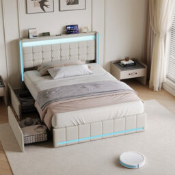 King Bed Frame 150 X 200 With Storage Drawers, Led Bed Frame With Usb Charging Station, Upholstered Bed Headboard, Beige Linen - thumbnail 5