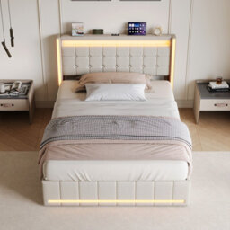 King Bed Frame 150 X 200 With Storage Drawers, Led Bed Frame With Usb Charging Station, Upholstered Bed Headboard, Beige Linen - thumbnail 3