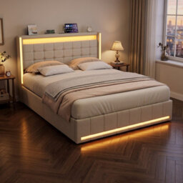 King Bed Frame 150 X 200 With Storage Drawers, Led Bed Frame With Usb Charging Station, Upholstered Bed Headboard, Beige Linen - thumbnail 2