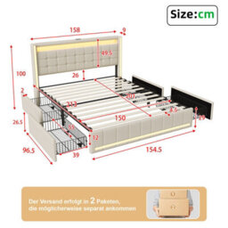King Bed Frame 150 X 200 With Storage Drawers, Led Bed Frame With Usb Charging Station, Upholstered Bed Headboard, Beige Linen - thumbnail 9