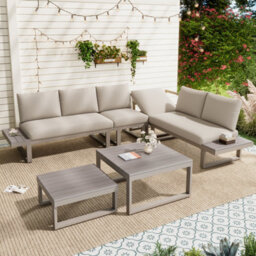 Btm 5To6 Seater Garden Lounge Set, Iron Frame, 6Topiece, Reclining Seats, 2 Wpc Tables, Beige/khaki - thumbnail 1