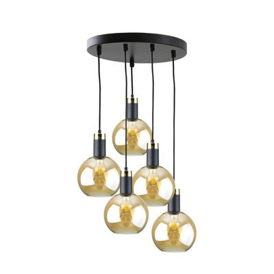 Luminosa Lighting Luminosa Auralis Cluster Pendant Ceiling Light Black, Gold Amber Glass Shade 5X E27 - image 1