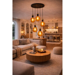 Luminosa Lighting Luminosa Auralis Cluster Pendant Ceiling Light Black, Gold Amber Glass Shade 5X E27 - thumbnail 2