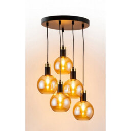 Luminosa Lighting Luminosa Auralis Cluster Pendant Ceiling Light Black, Gold Amber Glass Shade 5X E27 - thumbnail 3