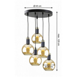 Luminosa Lighting Luminosa Auralis Cluster Pendant Ceiling Light Black, Gold Amber Glass Shade 5X E27 - thumbnail 6