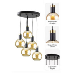 Luminosa Lighting Luminosa Auralis Cluster Pendant Ceiling Light Black, Gold Amber Glass Shade 5X E27 - thumbnail 4