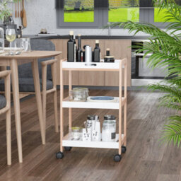 Homcom Mobile Serving Trolley Kitchen Cart Pine Wood Rolling Wheels White - thumbnail 1