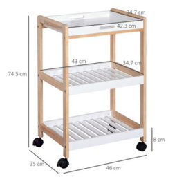 Homcom Mobile Serving Trolley Kitchen Cart Pine Wood Rolling Wheels White - thumbnail 3