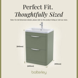 Balterley Aldershawe Contemporary Floor Standing 2 Drawer Bathroom Vanity Unit & Polymarble Basin, Satin Green, 600mm - thumbnail 5