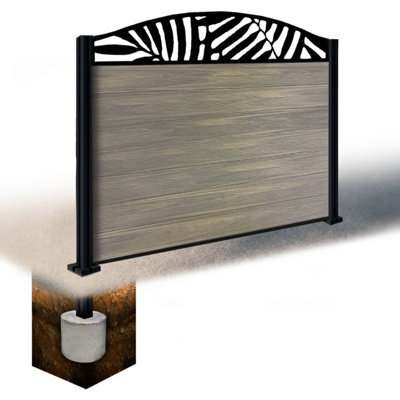 Easycomposite 4Ft Composite Fence Panel & Aluminium Post Sunken In Ground - Greige Boards & Leafy Curved Topper Trellis - image 1