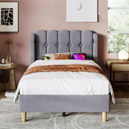 Abrihome 3Ft Double Upholstered Bed Frame (90X190Cm), With Usb/type-C Charging, Wooden Slatted Base For Bedroom & Guest Room, Grey, Linen - thumbnail 9