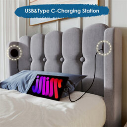 Abrihome 3Ft Double Upholstered Bed Frame (90X190Cm), With Usb/type-C Charging, Wooden Slatted Base For Bedroom & Guest Room, Grey, Linen - thumbnail 2