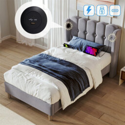Abrihome 3Ft Double Upholstered Bed Frame (90X190Cm), With Usb/type-C Charging, Wooden Slatted Base For Bedroom & Guest Room, Grey, Linen - thumbnail 3