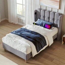Abrihome 3Ft Double Upholstered Bed Frame (90X190Cm), With Usb/type-C Charging, Wooden Slatted Base For Bedroom & Guest Room, Grey, Linen - thumbnail 1