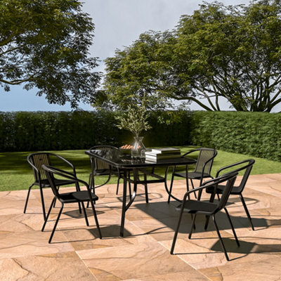Breeins 7 Piece Outdoor Black Furniture Set Dining Set Tempered Glass Table Stacking Chair For Garden Patio Lounge Balcony H150Cm - image 1
