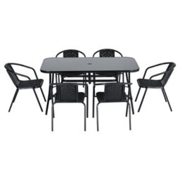 Breeins 7 Piece Outdoor Black Furniture Set Dining Set Tempered Glass Table Stacking Chair For Garden Patio Lounge Balcony H150Cm - thumbnail 3