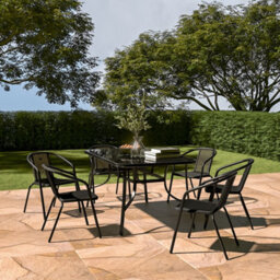 Breeins 7 Piece Outdoor Black Furniture Set Dining Set Tempered Glass Table Stacking Chair For Garden Patio Lounge Balcony H150Cm - thumbnail 1