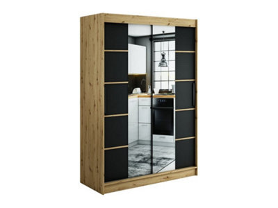 Arte Leto V4 Contemporary 2 Sliding Mirror Door Wardrobe 5 Shelves 2 Rails Black Matt And Oak Effect (H)2000mm (W)1500mm (D)620mm - image 1