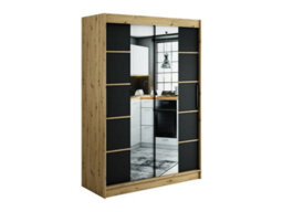 Arte Leto V4 Contemporary 2 Sliding Mirror Door Wardrobe 5 Shelves 2 Rails Black Matt And Oak Effect (H)2000mm (W)1500mm (D)620mm - thumbnail 1
