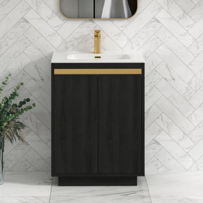 Royal Bathrooms Orion 600mm Floor Standing Bathroom Vanity Unit 2 Door Hale Black With Ceramic Basin & Brushed Brass Accent Trim - image 1