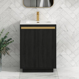 Royal Bathrooms Orion 600mm Floor Standing Bathroom Vanity Unit 2 Door Hale Black With Ceramic Basin & Brushed Brass Accent Trim - thumbnail 1