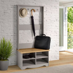 Core Products Corona Hall Shoe Bench With Hat And Coat Rack - Grey Washed Pine Storage Unit 170 X 80 X 44Cm